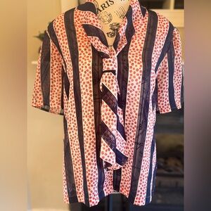 1970s Vintage Polyester Blouse Semi-Sheer Lrge Orange Navy White Tie Front Women